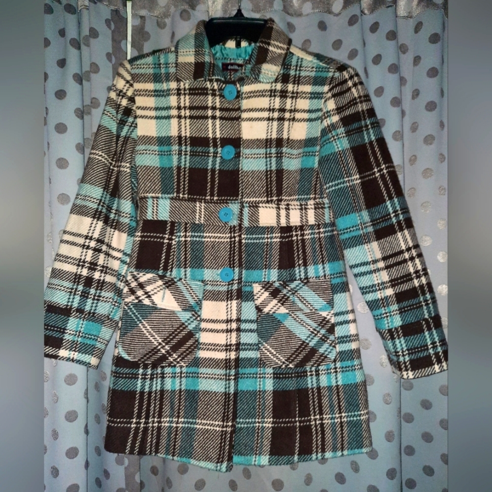 DOLLHOUSE Plaid Teal Wool Blend Tailored Peacoat M 10/12